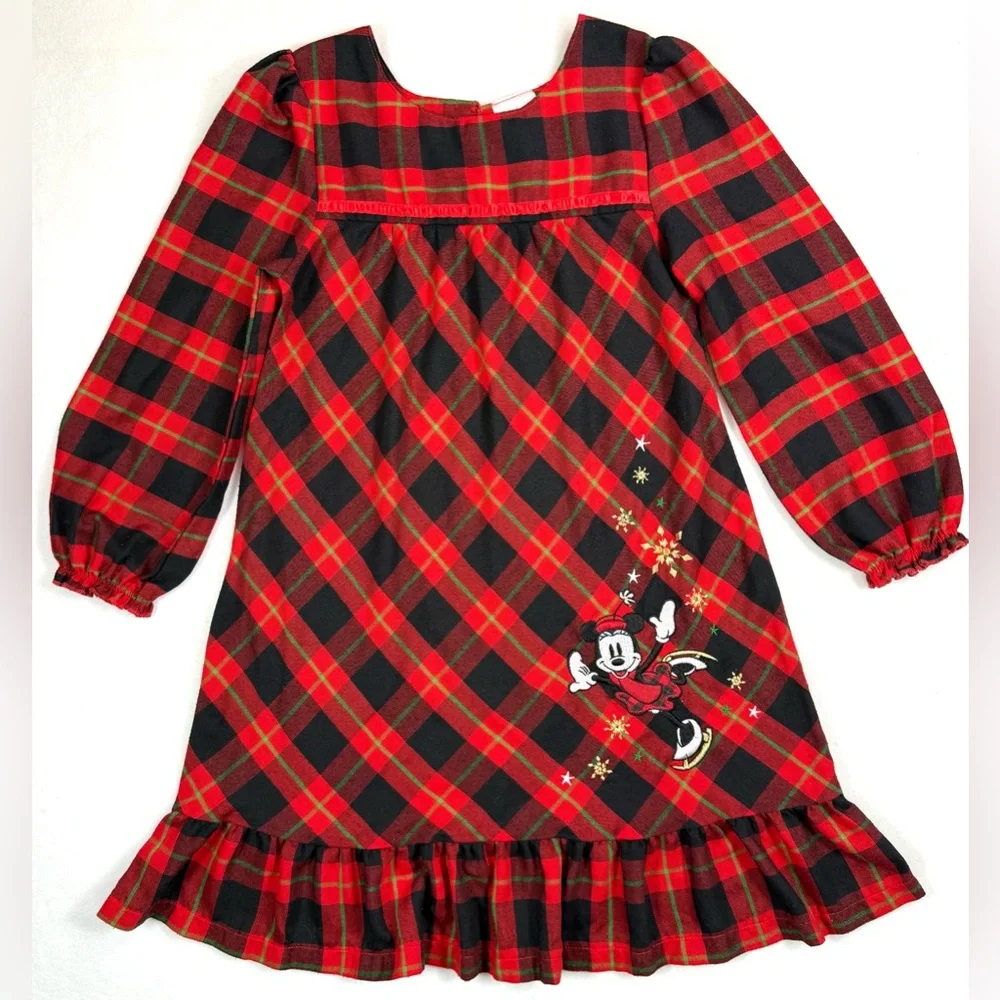 DISNEY STORE Girls Minnie Mouse Ice Skating Plaid Winter Nightgown 5/6 Cozy Warm